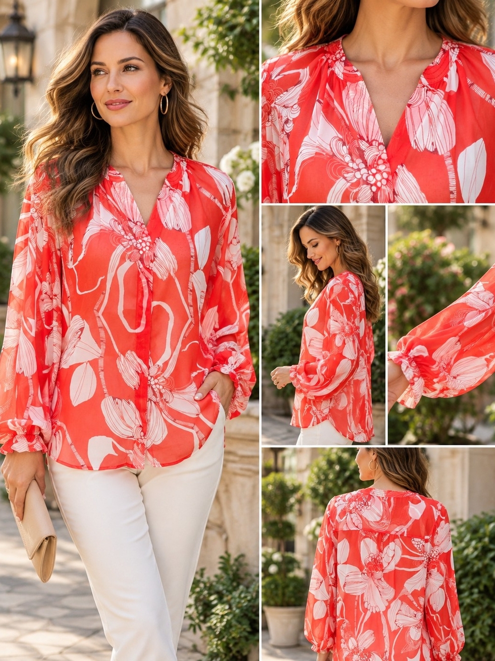 Chico’s Size 1 Coral Red White Floral Sheer Blouse Long Sleeve Resort